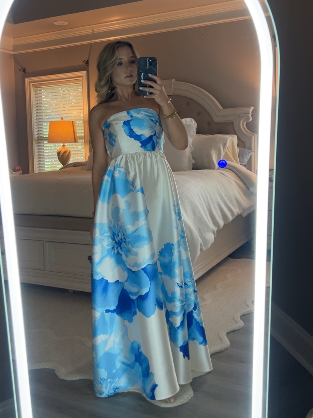 Strapless Floral Maxi Dress in Blue and White